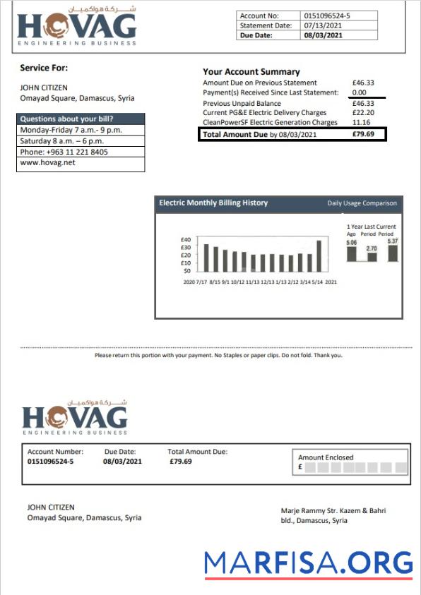 Realistic Syria HOVAG Company electricity utility bill template in Word and PDF format